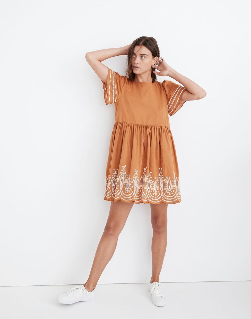 Madewell Mini Babydoll Dress Womens Small Orange Pleated Embroidered Puff-Sleeve